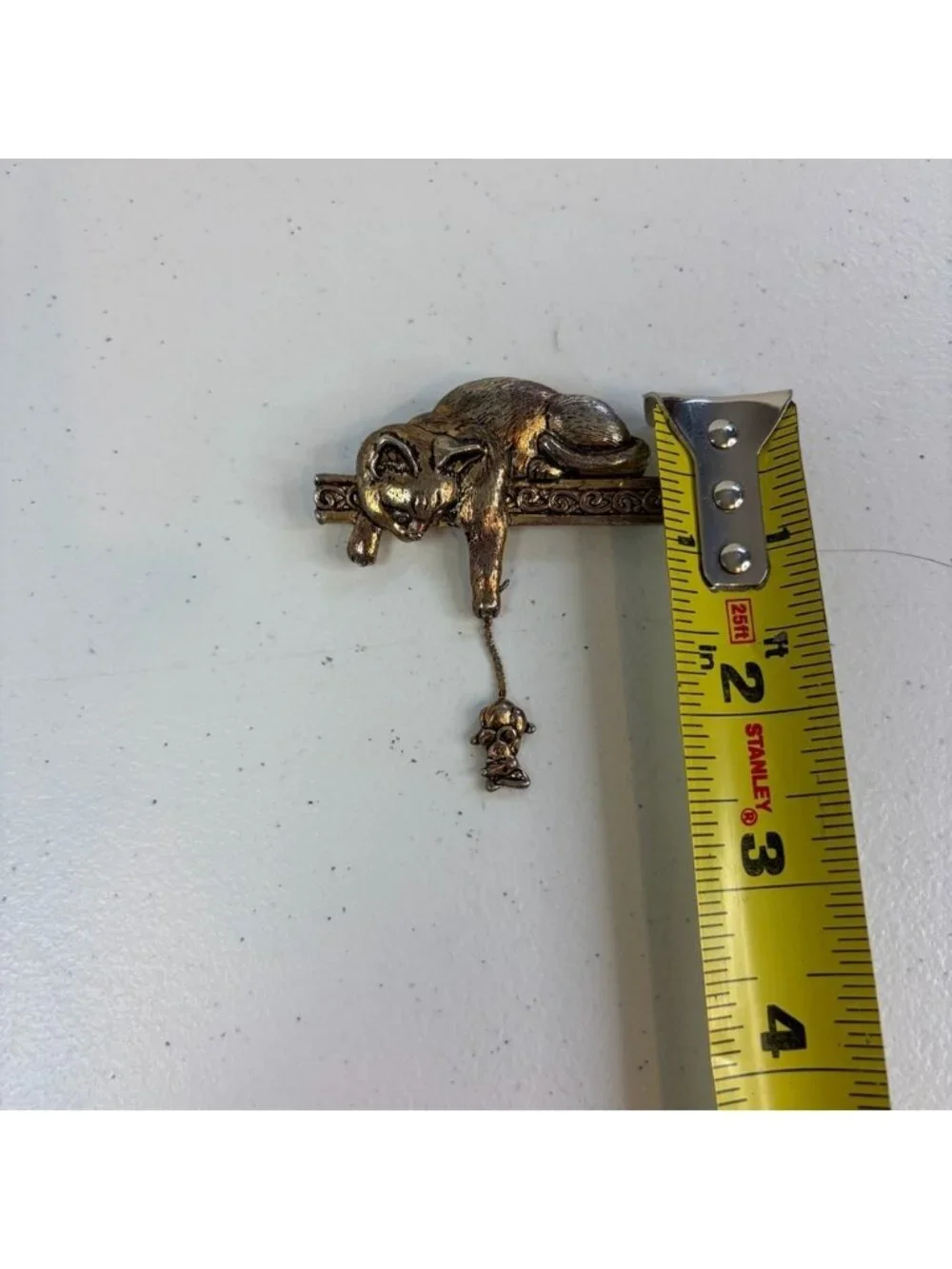 Vintage JJ Cat Lady Dangling Mouse Whimsical Brass Tone Pin Brooch Eclectic